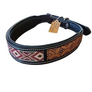 NWT Western‎ Beaded Tooled Leather Dog Collar XL Black Red Tan Buckle Closure
